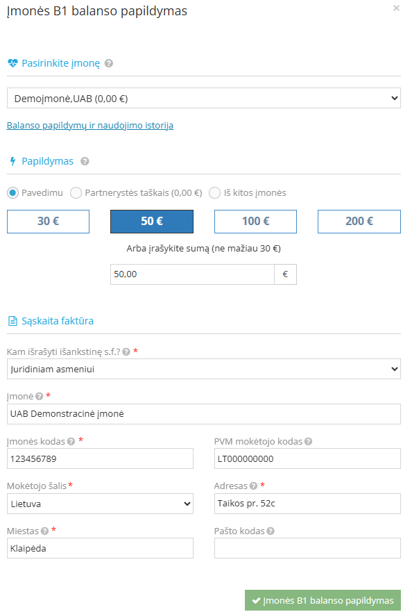 Form for filling in balance top-up details